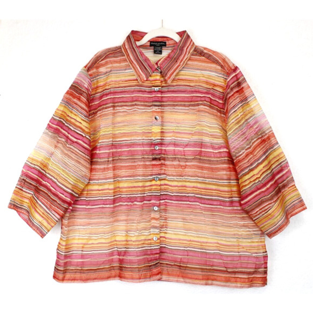 Artsy Colorful Stripe Sheer Blouse Button Front Women 1X Office Coastal Layering